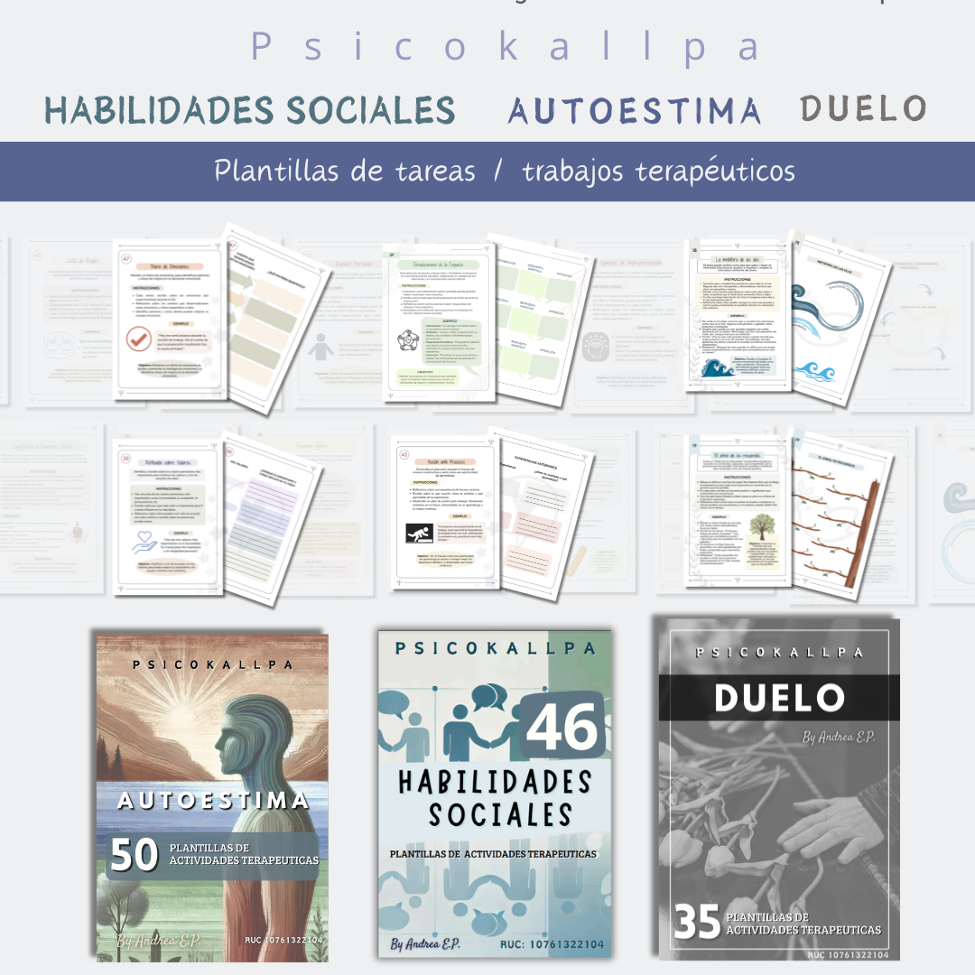 Combo 3 kits de Tareas/actividades terapéuticas de Habilidades Sociales, Autoestima y Duelo