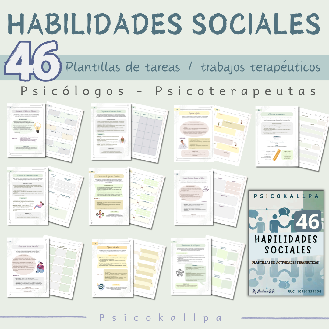 Combo 3 kits de Tareas/actividades terapéuticas de Habilidades Sociales, Autoestima y Duelo